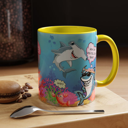 Ceramic Coffee Mug — Funny Tropical Sharks "How Can You Tell I’m Trans?"