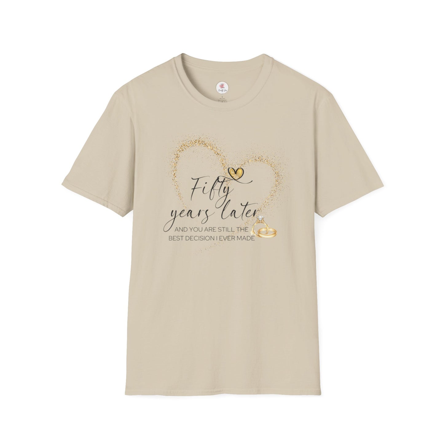 50th Anniversary T-Shirt – "Fifty Years Later" Gold Heart & Rings Celebration Tee