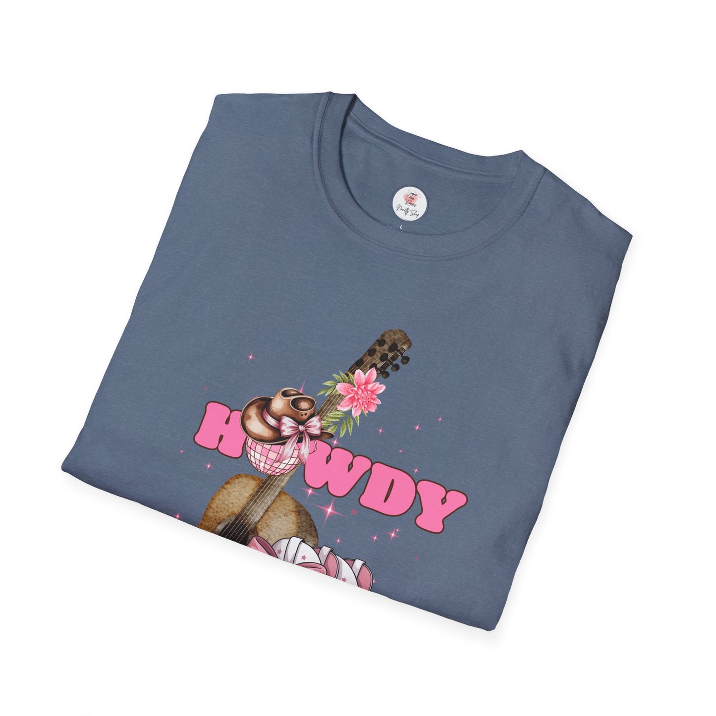Howdy Cowboy Guitar Adult T‑Shirt — Pink Floral Cowgirl Boots & Guitar Tee
