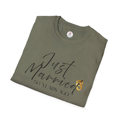 50th Anniversary T-Shirt — ‘Just Married (50 Years Ago)’ Anniversary Celebration Tee  https://www.veganlove.rocks/