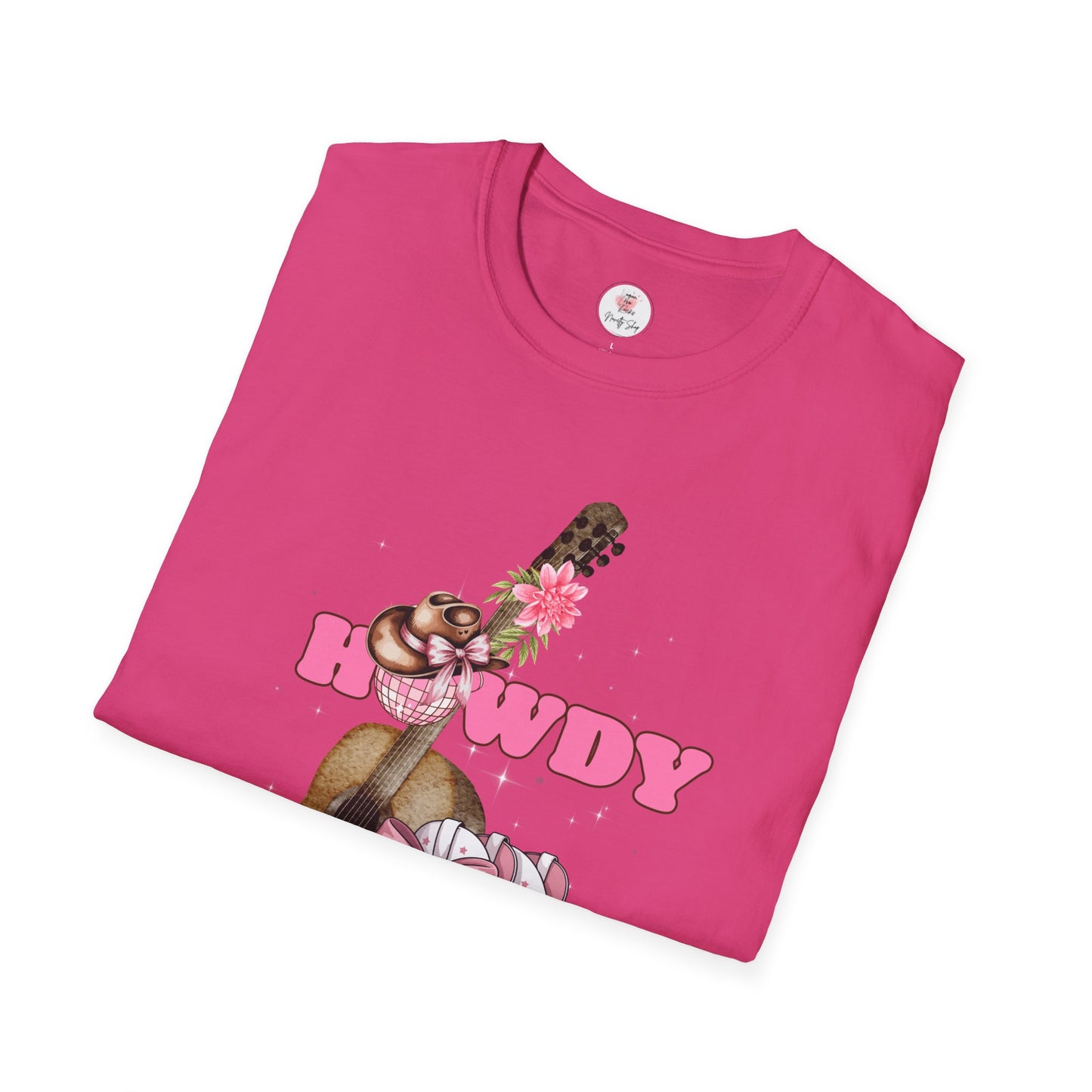 Howdy Cowboy Guitar Adult T‑Shirt — Pink Floral Cowgirl Boots & Guitar Tee