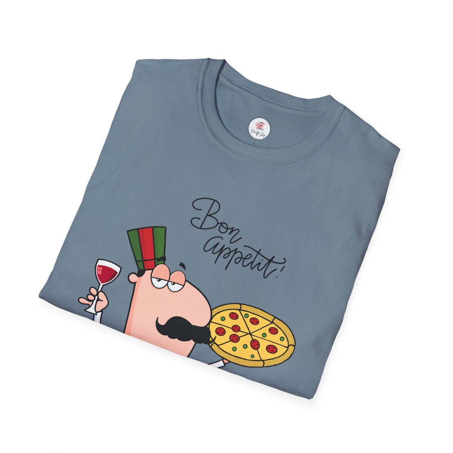Pizza Chef T-Shirt – "Bon Appetit" Cartoon Italian Pizza & Wine Tee