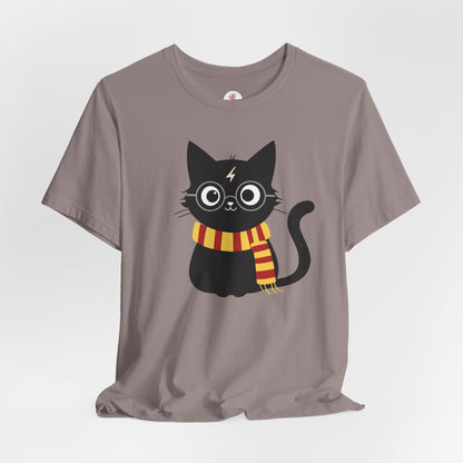 Wizard Cat Graphic Tee – Cute Black Cat with Scarf & Lightning Bolt