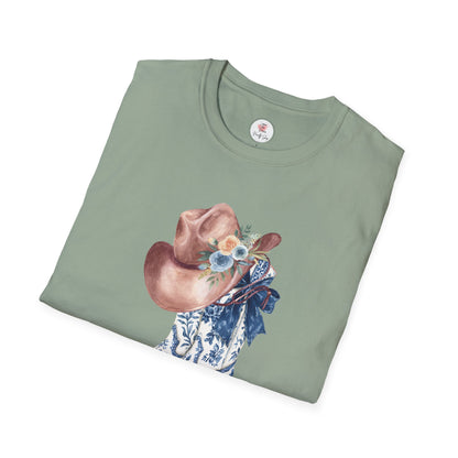 Cowgirl Boots & Hat T-Shirt — Blue Floral Western Graphic Tee