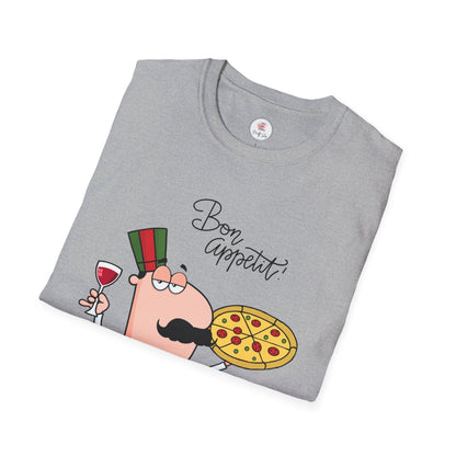 Pizza Chef T-Shirt – "Bon Appetit" Cartoon Italian Pizza & Wine Tee