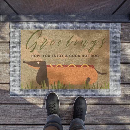 Doormat — "Greetings: Hope You Enjoy a Good Hot Dog" Dachshund Hot Dog Welcome Mat