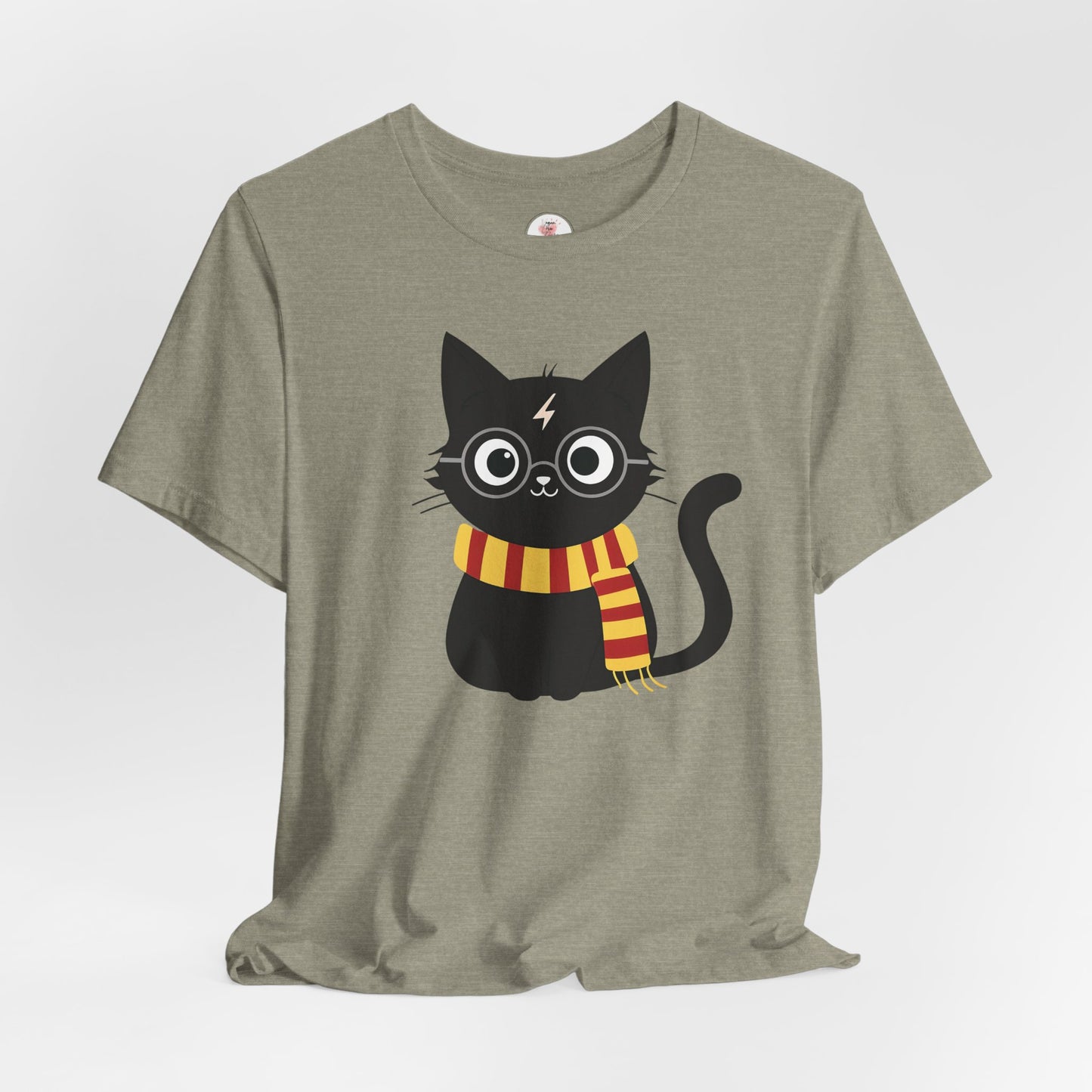 Wizard Cat Graphic Tee – Cute Black Cat with Scarf & Lightning Bolt