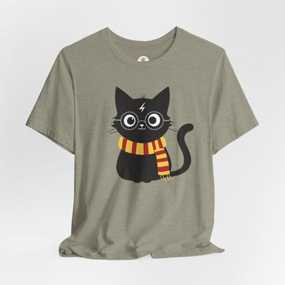 Wizard Cat Graphic Tee – Cute Black Cat with Scarf & Lightning Bolt