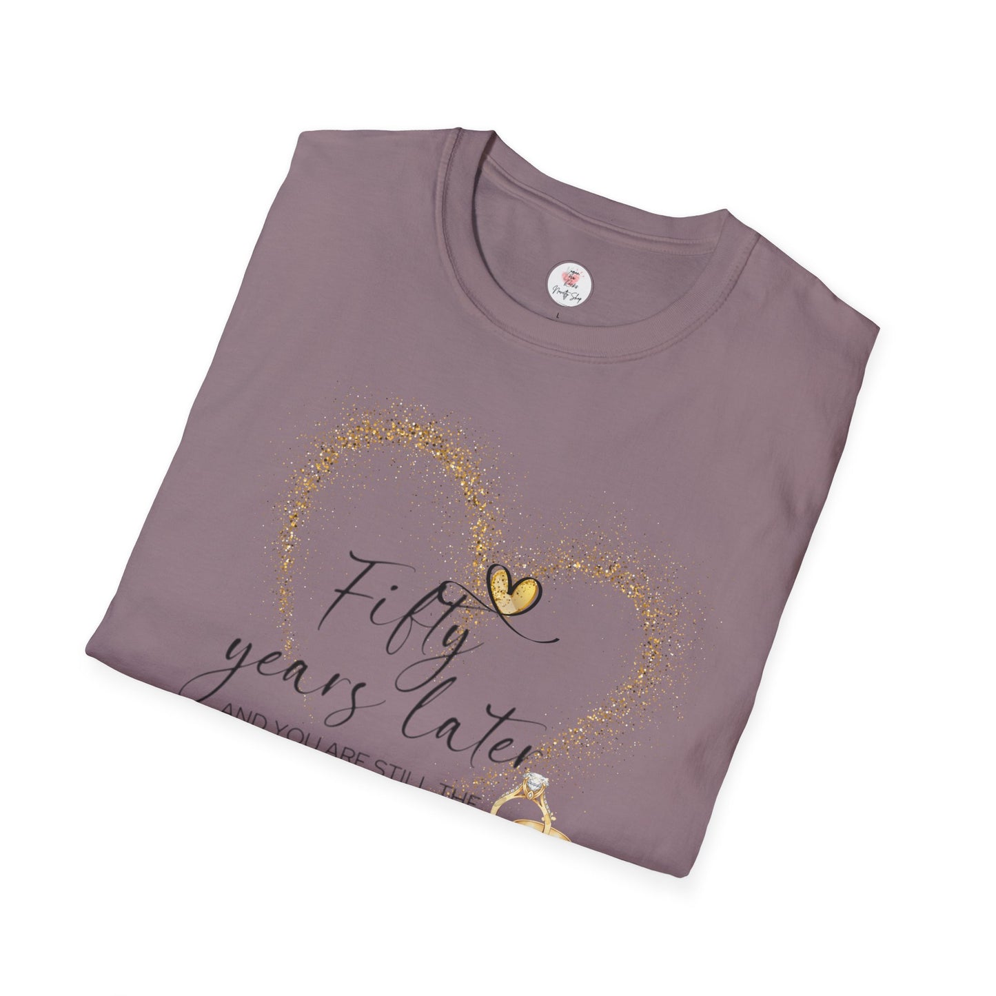50th Anniversary T-Shirt – "Fifty Years Later" Gold Heart & Rings Celebration Tee