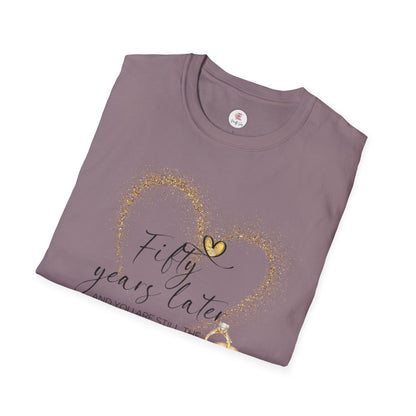 50th Anniversary T-Shirt – "Fifty Years Later" Gold Heart & Rings Celebration Tee