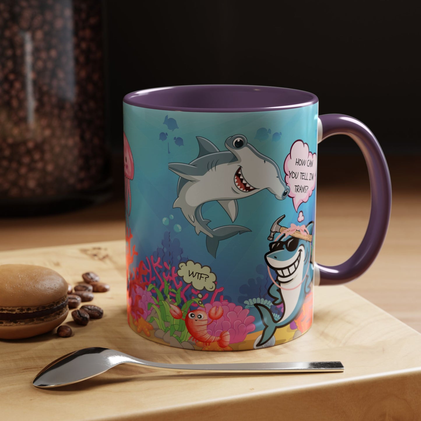 Ceramic Coffee Mug — Funny Tropical Sharks "How Can You Tell I’m Trans?"