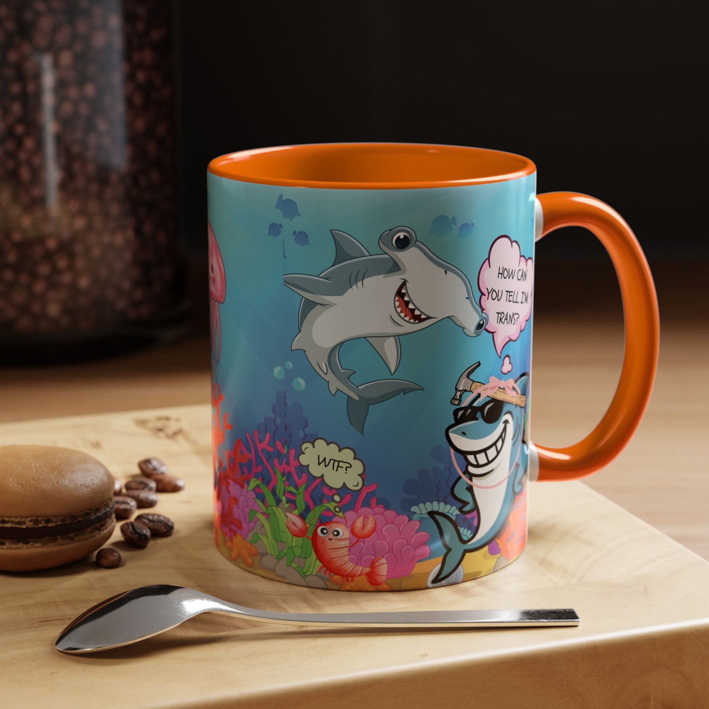 Ceramic Coffee Mug — Funny Tropical Sharks "How Can You Tell I’m Trans?"