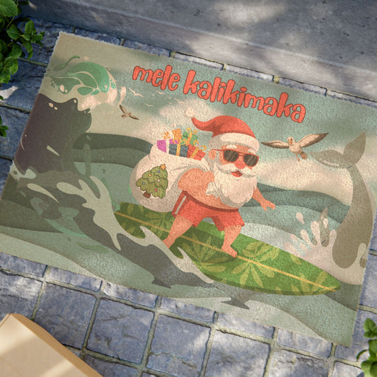 Mele Kalikimaka Surfing Santa Doormat — Hawaiian Holiday Welcome Mat
