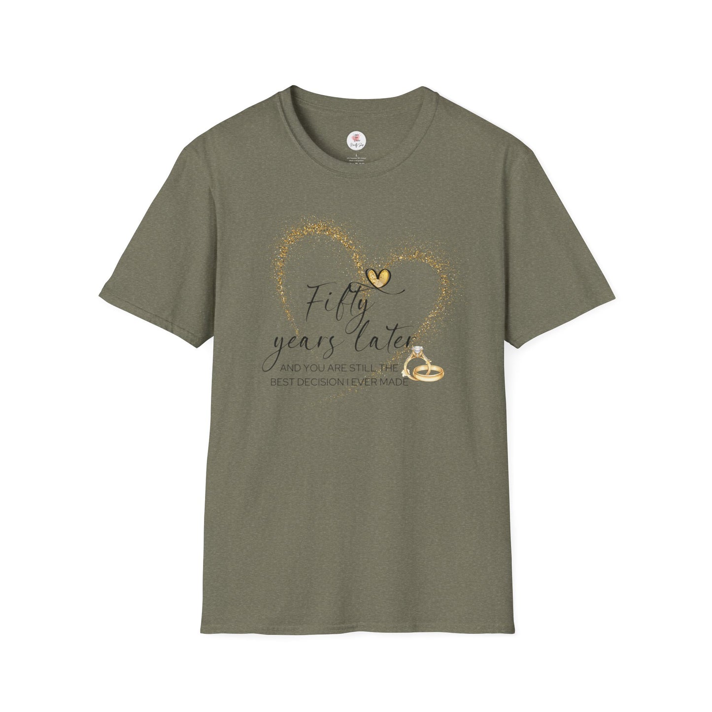 50th Anniversary T-Shirt – "Fifty Years Later" Gold Heart & Rings Celebration Tee