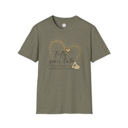 50th Anniversary T-Shirt – "Fifty Years Later" Gold Heart & Rings Celebration Tee
