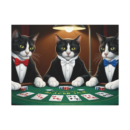 Patriotic Cats Blackjack Night Canvas Print — Tuxedo Cats with Red, White & Blue Bowties