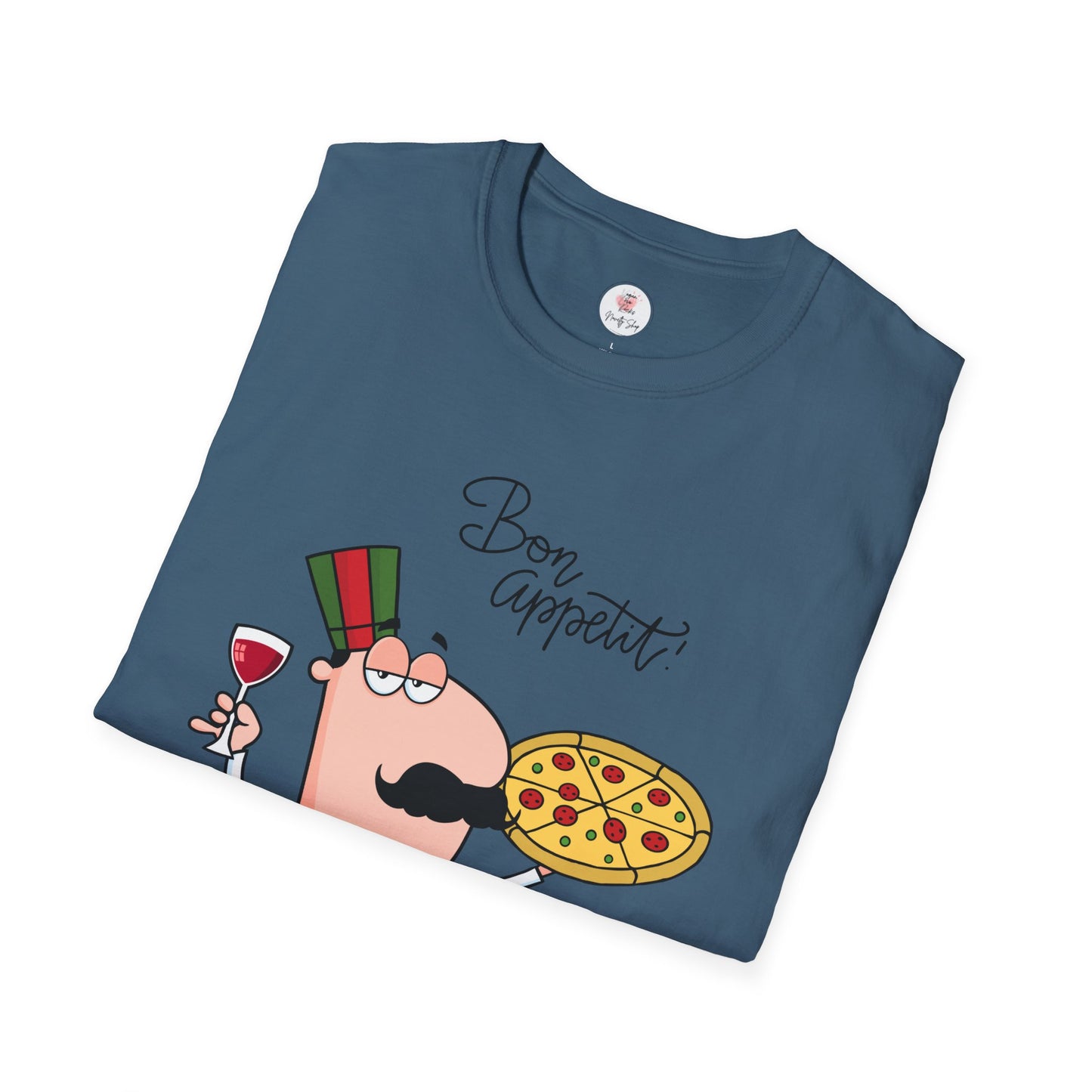 Pizza Chef T-Shirt – "Bon Appetit" Cartoon Italian Pizza & Wine Tee