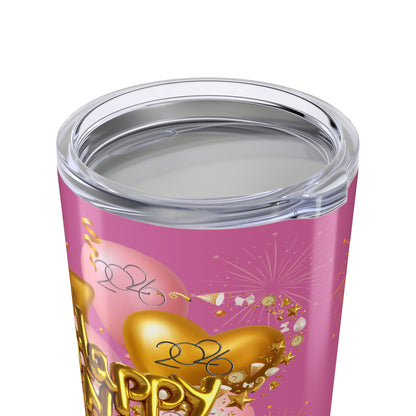 Happy New Year 20oz Pink Star & Hearts Tumbler — Sparkling Gold Travel Cup