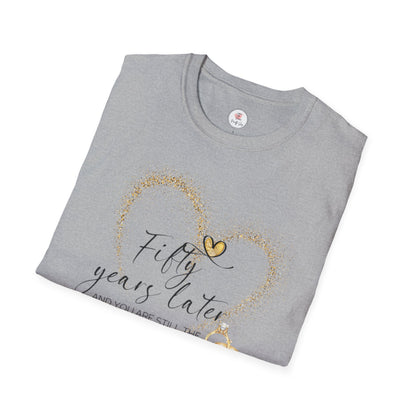 50th Anniversary T-Shirt – "Fifty Years Later" Gold Heart & Rings Celebration Tee