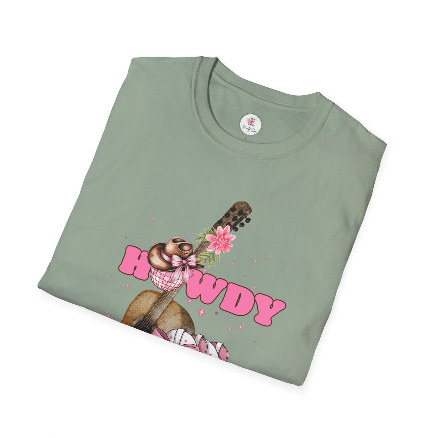 Howdy Cowboy Guitar Adult T‑Shirt — Pink Floral Cowgirl Boots & Guitar Tee