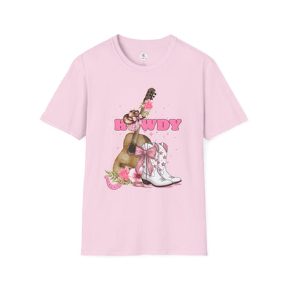 Howdy Cowboy Guitar Adult T‑Shirt — Pink Floral Cowgirl Boots & Guitar Tee
