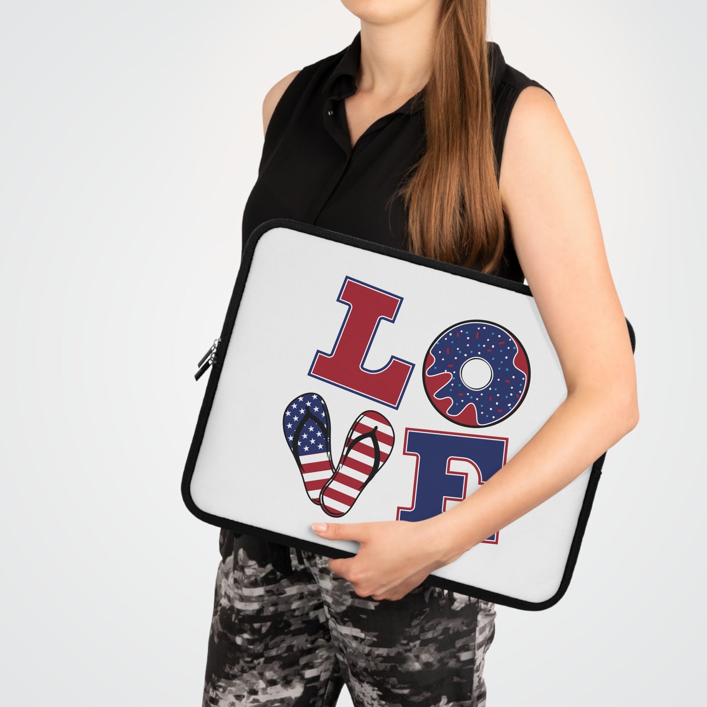 "LOVE" Laptop Sleeve — American Flag Flip-Flop & Donut Design