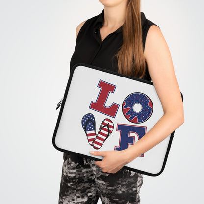 "LOVE" Laptop Sleeve — American Flag Flip-Flop & Donut Design
