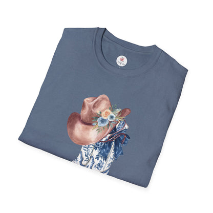 Cowgirl Boots & Hat T-Shirt — Blue Floral Western Graphic Tee