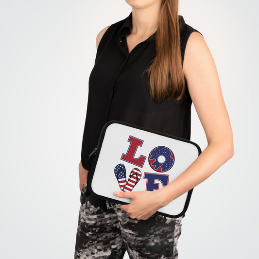 "LOVE" Laptop Sleeve — American Flag Flip-Flop & Donut Design