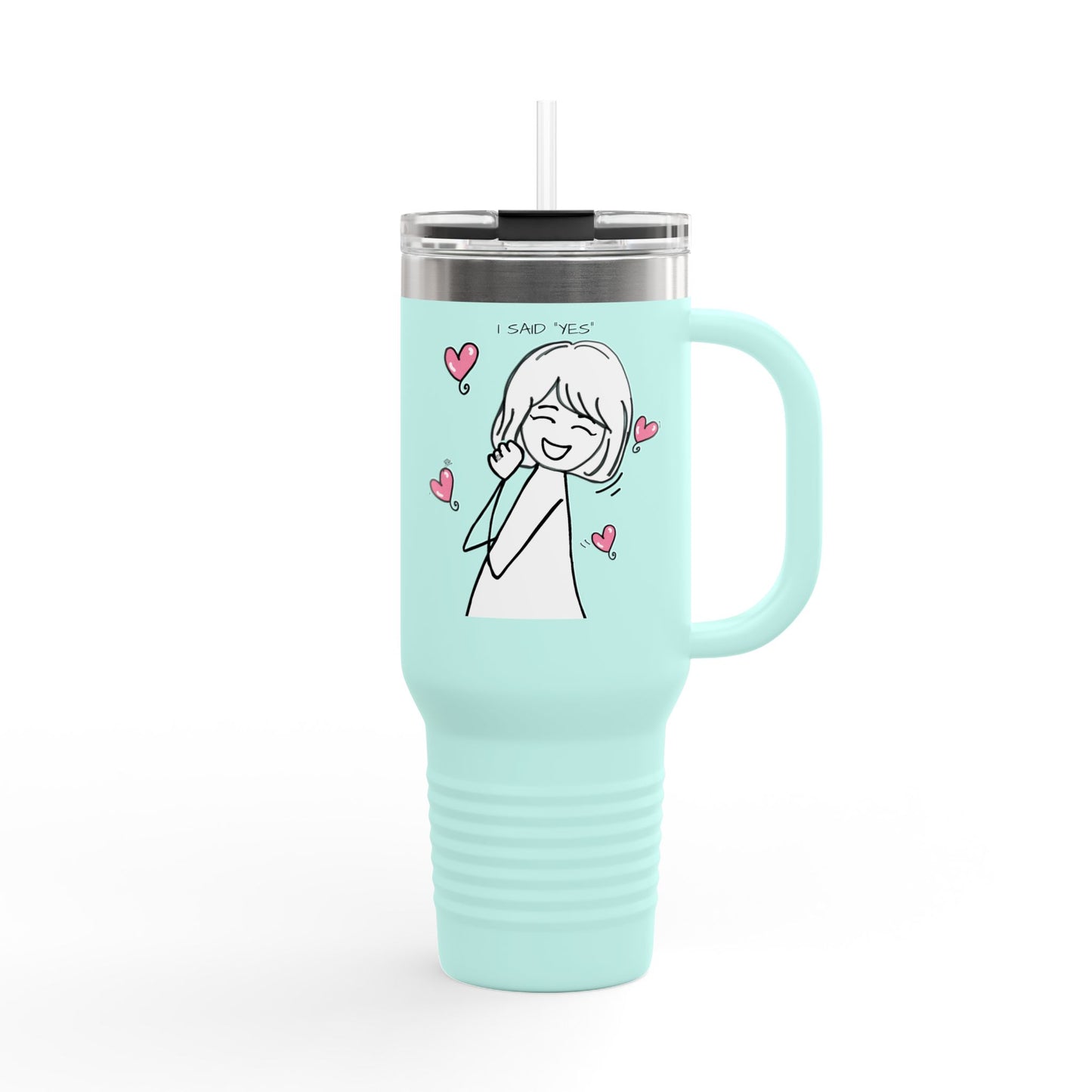 Cute Girl Illustration with Pink Hearts -“I Said Yes”  40-oz Insulated Travel Mug