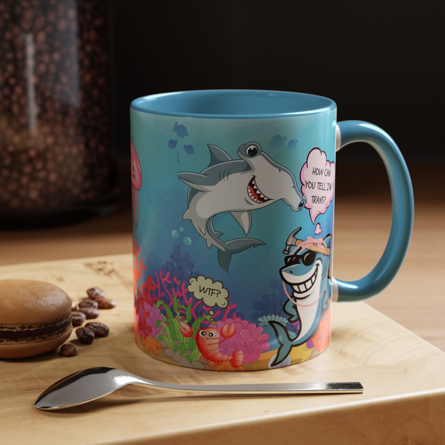 Ceramic Coffee Mug — Funny Tropical Sharks "How Can You Tell I’m Trans?"
