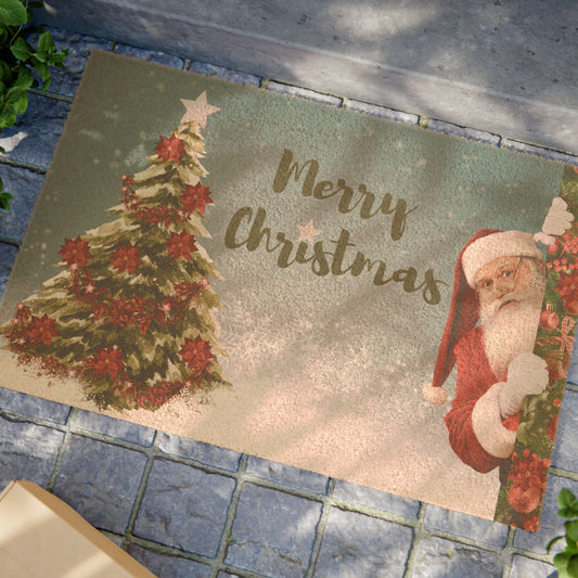 Merry Christmas Doormat — Santa & Tree Holiday Welcome Mat