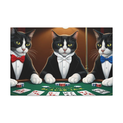 Patriotic Cats Blackjack Night Canvas Print — Tuxedo Cats with Red, White & Blue Bowties