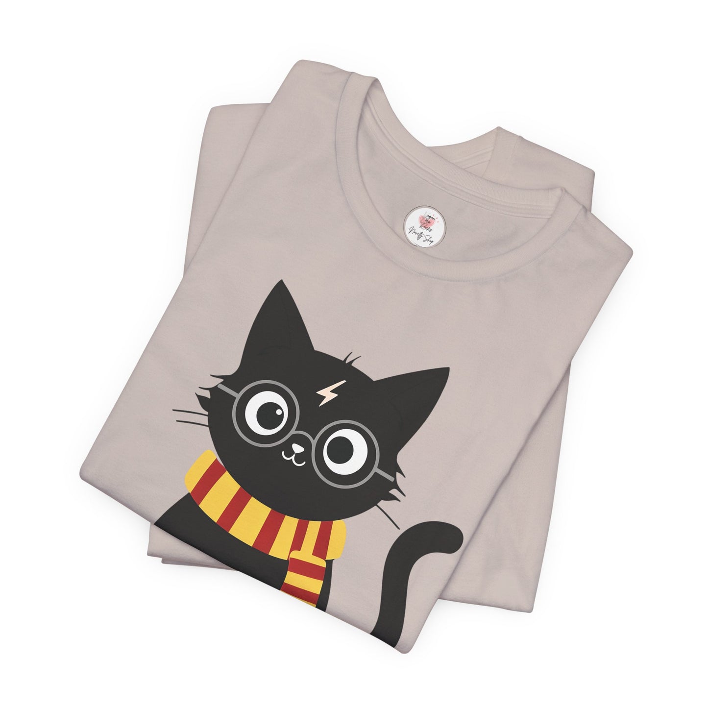Wizard Cat Graphic Tee – Cute Black Cat with Scarf & Lightning Bolt