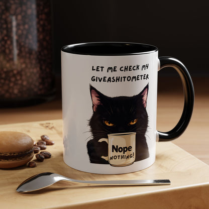 Coffee Mug - Black Cat "Let Me Check My Giveashitometer" Nope Nothing!  Funny 11/15 oz Mug