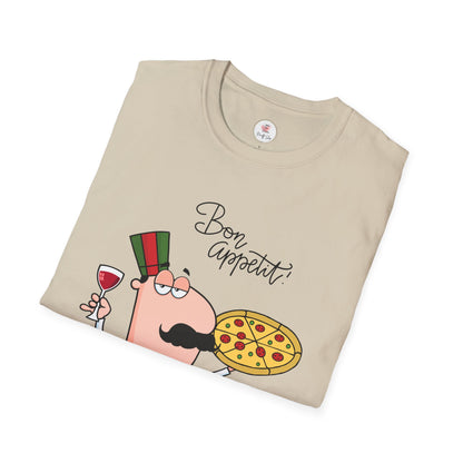 Pizza Chef T-Shirt – "Bon Appetit" Cartoon Italian Pizza & Wine Tee