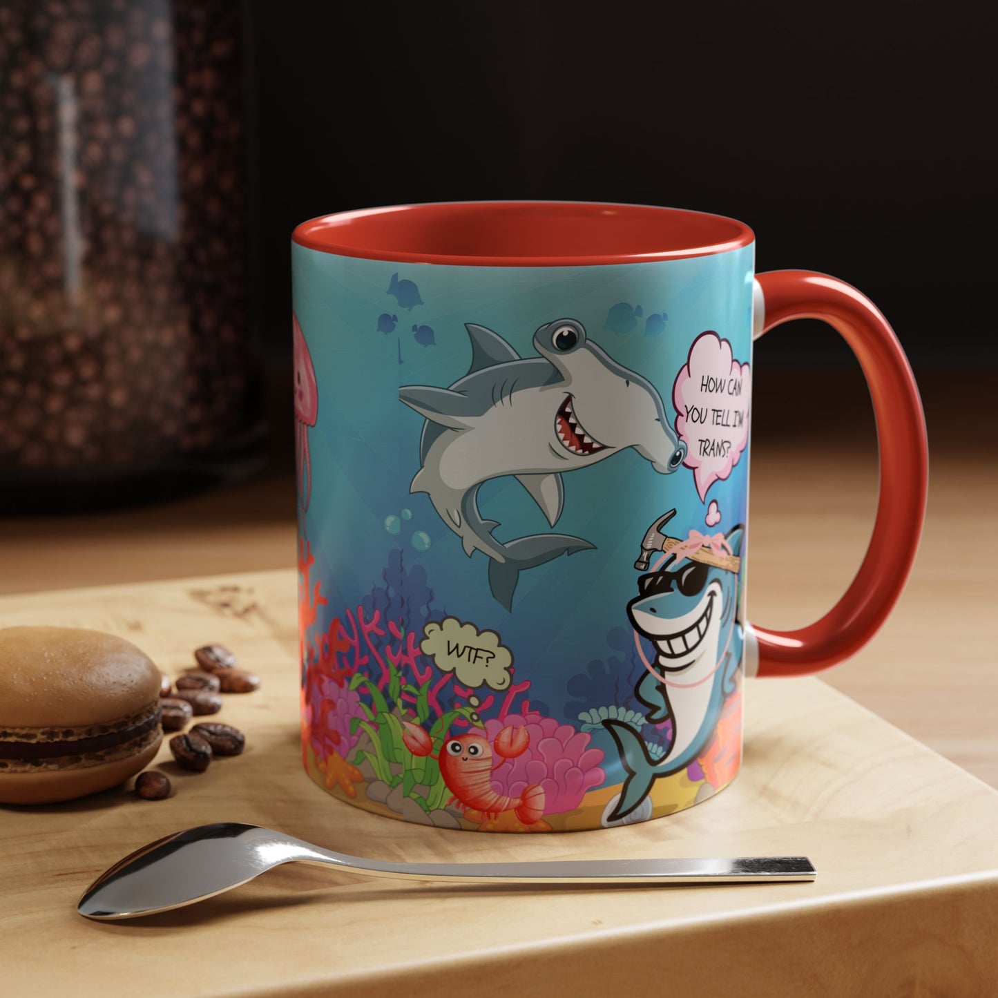 Ceramic Coffee Mug — Funny Tropical Sharks "How Can You Tell I’m Trans?"