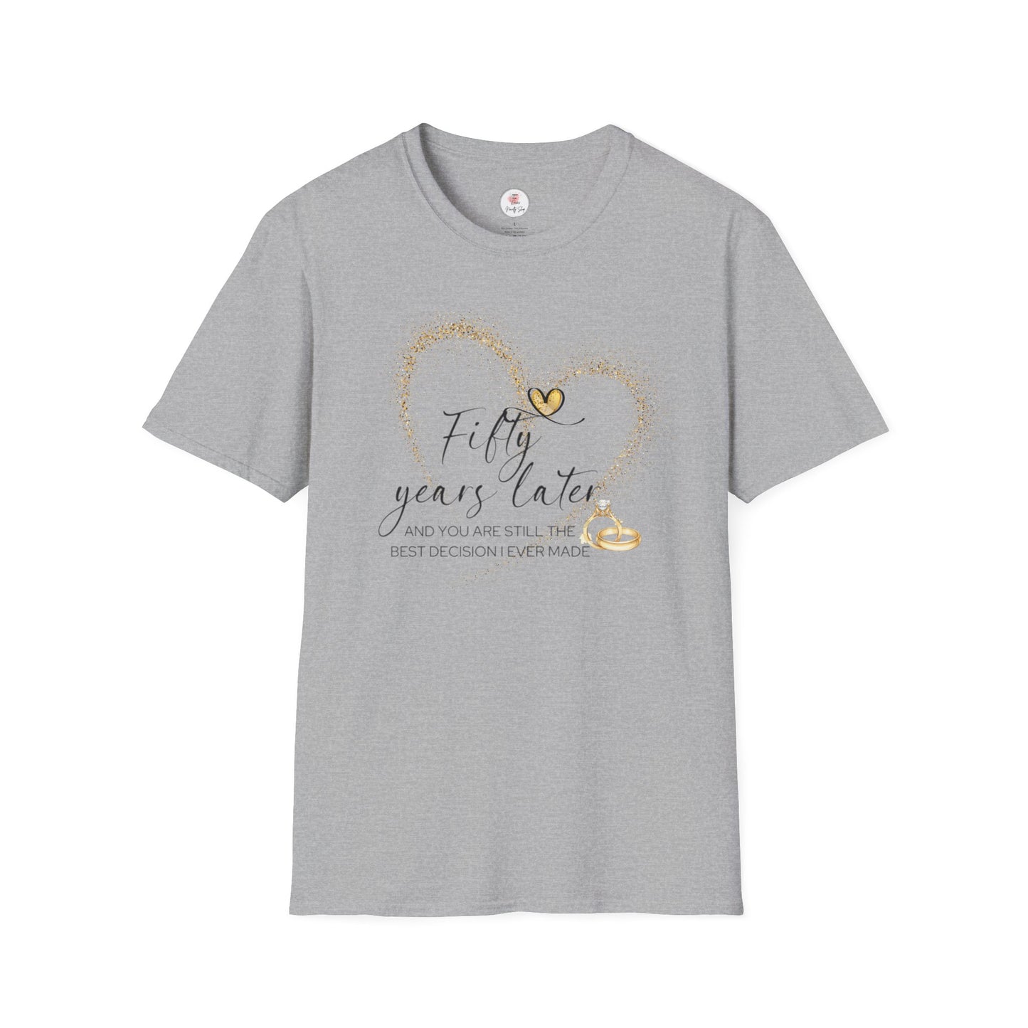 50th Anniversary T-Shirt – "Fifty Years Later" Gold Heart & Rings Celebration Tee