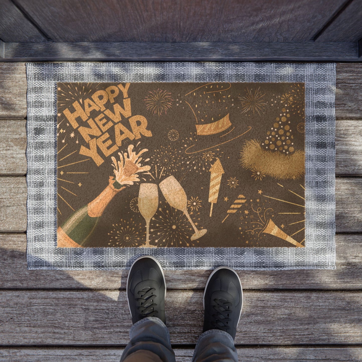 Happy New Year Doormat — Festive Champagne & Fireworks Entry Rug