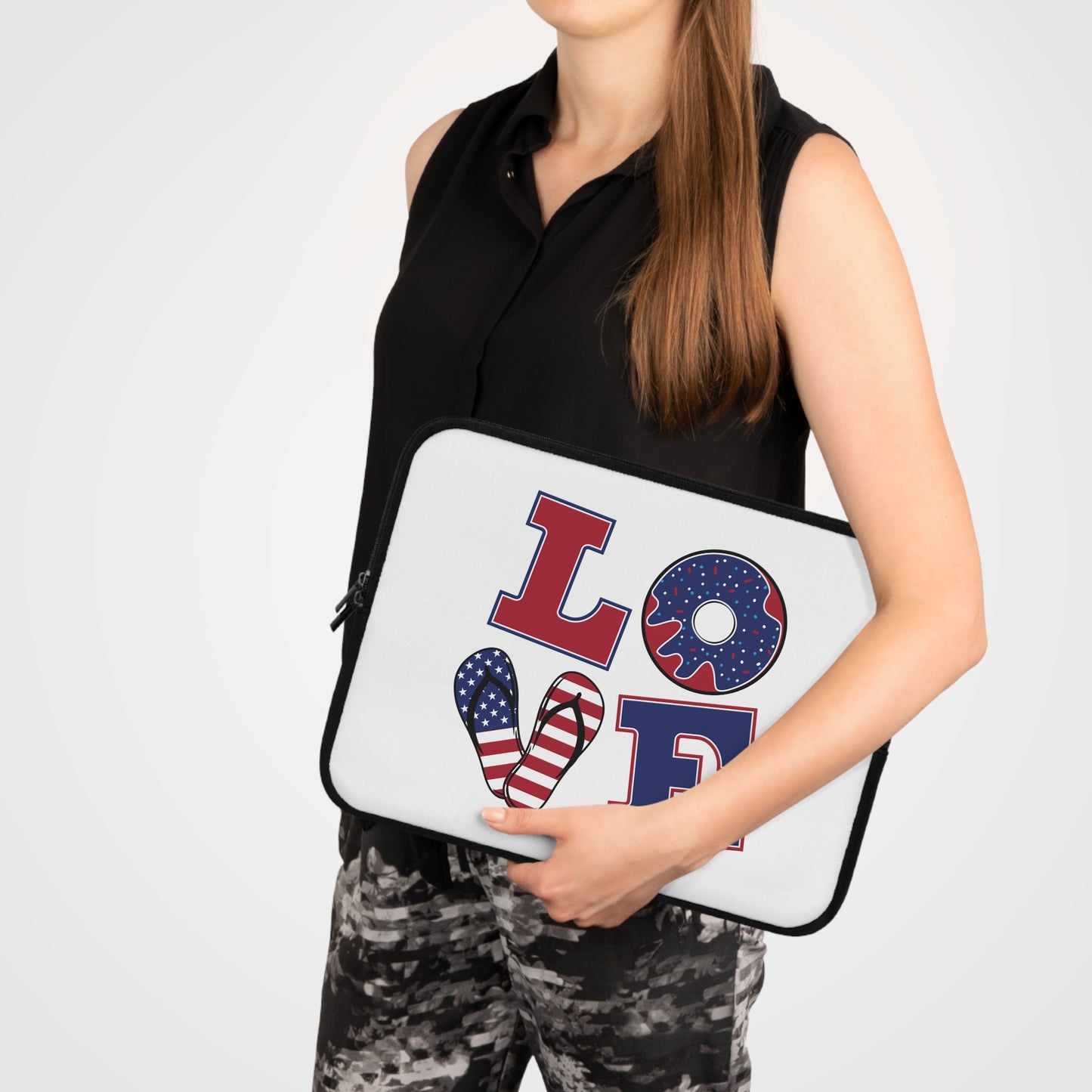 "LOVE" Laptop Sleeve — American Flag Flip-Flop & Donut Design