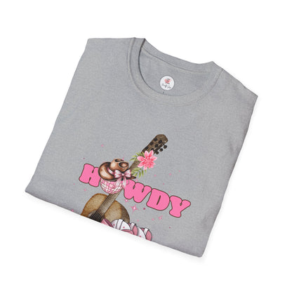 Howdy Cowboy Guitar Adult T‑Shirt — Pink Floral Cowgirl Boots & Guitar Tee