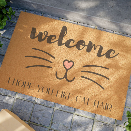Welcome Cat Doormat – "I Hope You Like Cat Hair" Funny Pet Lover Door Mat