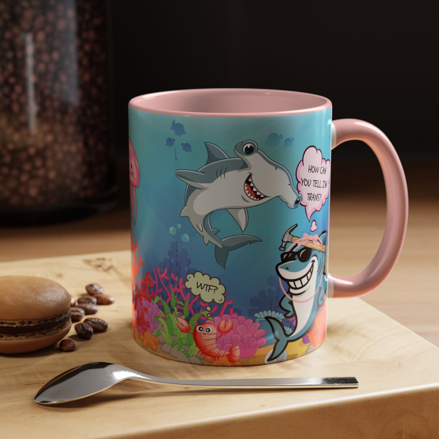 Ceramic Coffee Mug — Funny Tropical Sharks "How Can You Tell I’m Trans?"