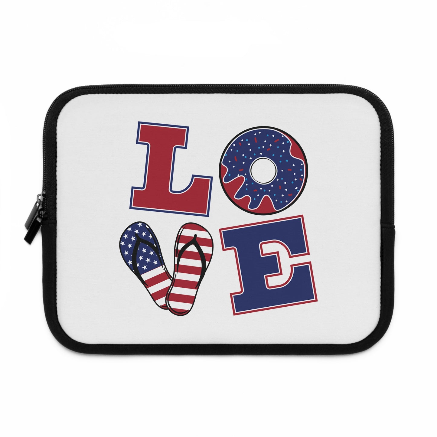"LOVE" Laptop Sleeve — American Flag Flip-Flop & Donut Design