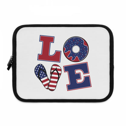 "LOVE" Laptop Sleeve — American Flag Flip-Flop & Donut Design