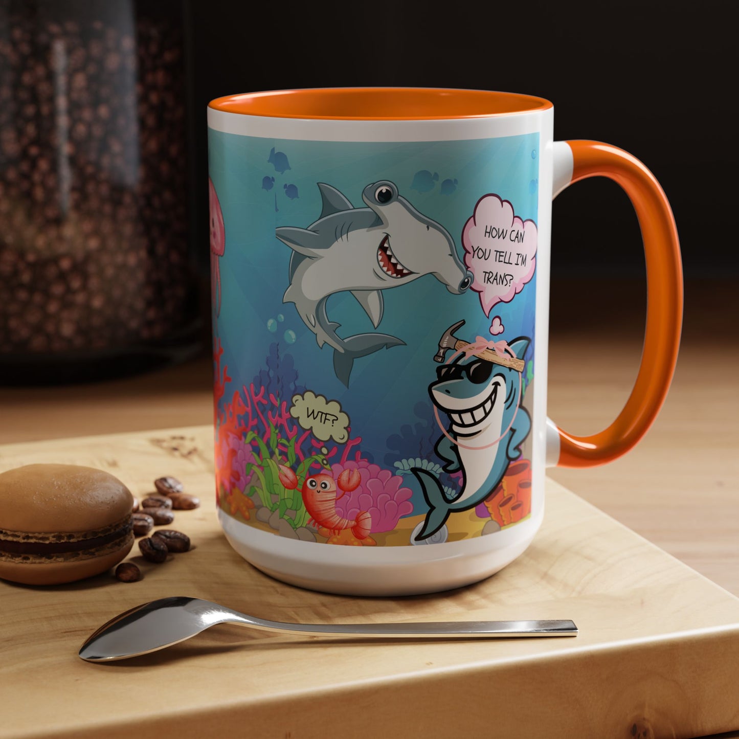 Ceramic Coffee Mug — Funny Tropical Sharks "How Can You Tell I’m Trans?"