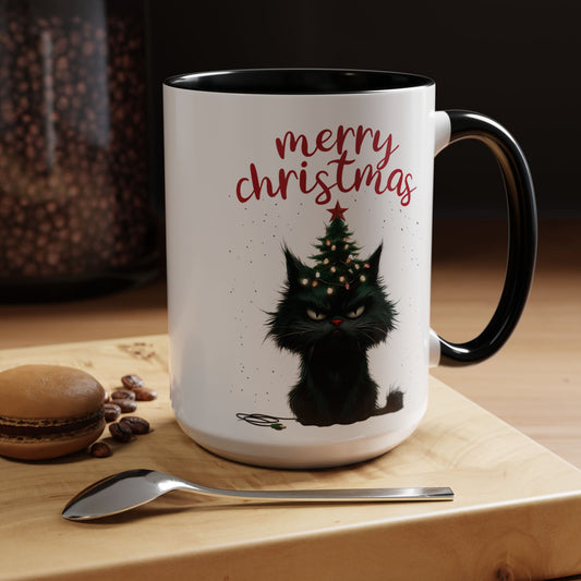 Merry Christmas Mad Black Cat  Festive Holiday Coffee Mug