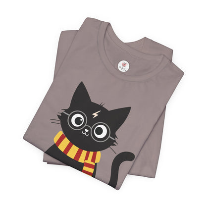 Wizard Cat Graphic Tee – Cute Black Cat with Scarf & Lightning Bolt