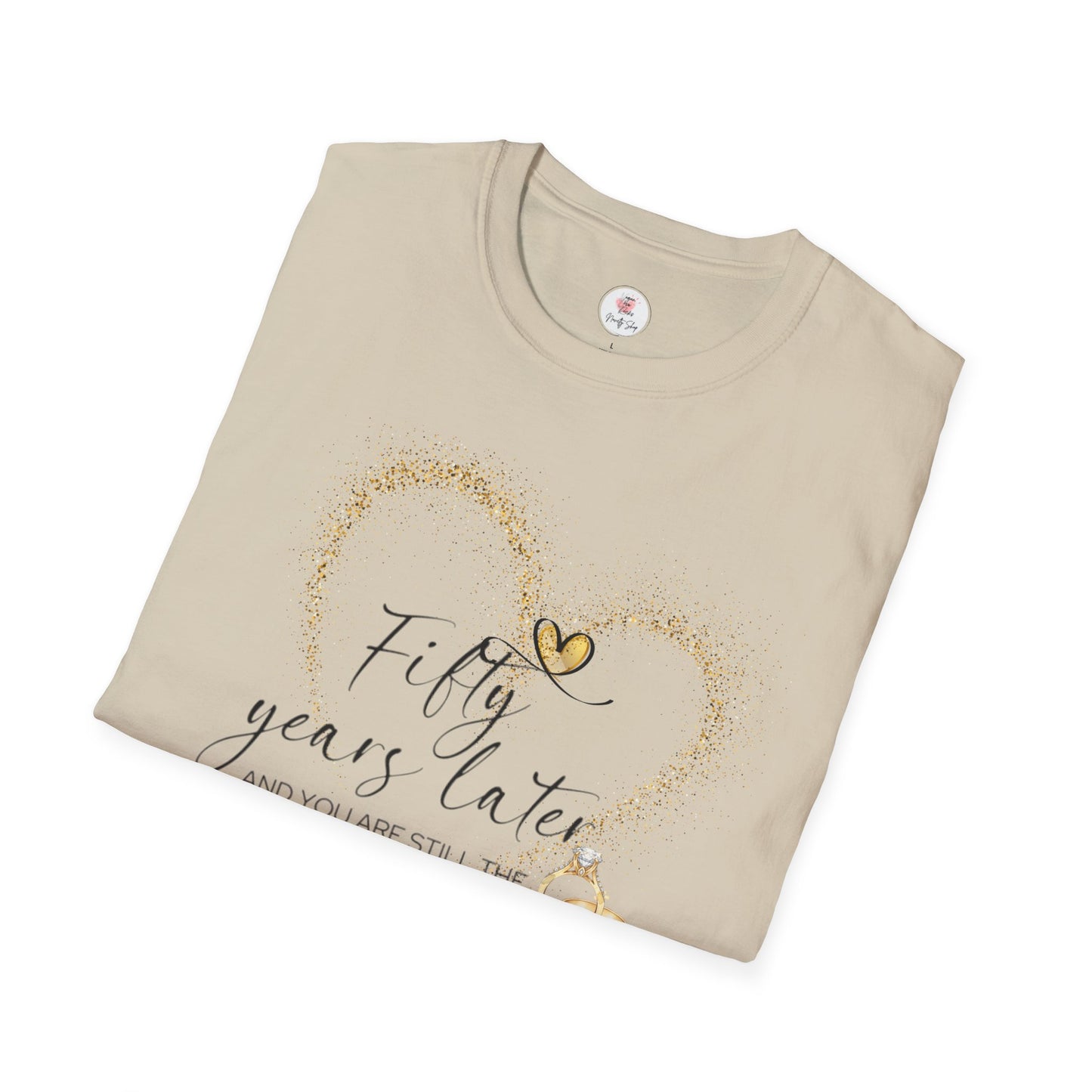 50th Anniversary T-Shirt – "Fifty Years Later" Gold Heart & Rings Celebration Tee