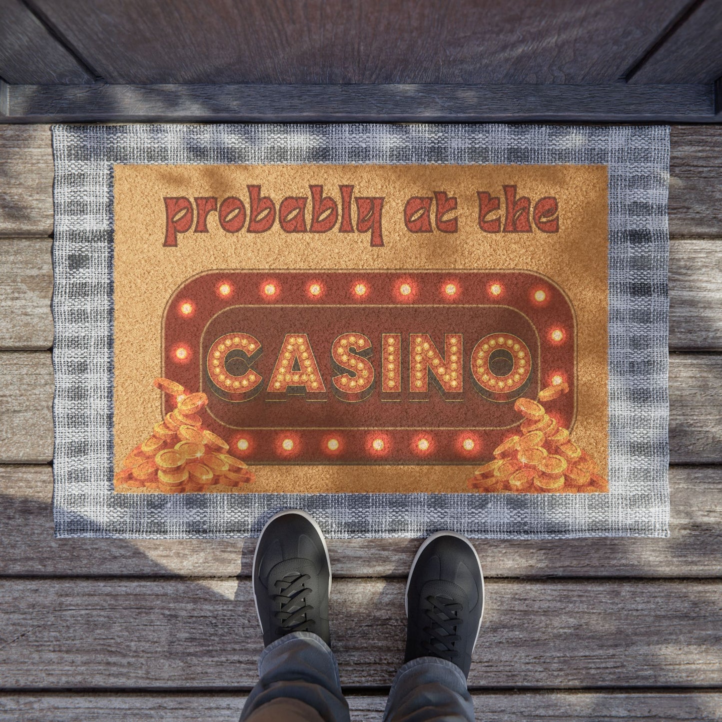 Doormat — "Probably at the Casino" Funny Welcome Mat with Retro Marquee Lights